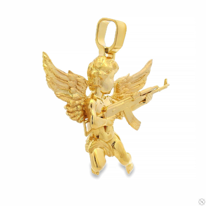 14K Gold Baby Angel With Ak Gun Pendant - Large, photo 2 of 7