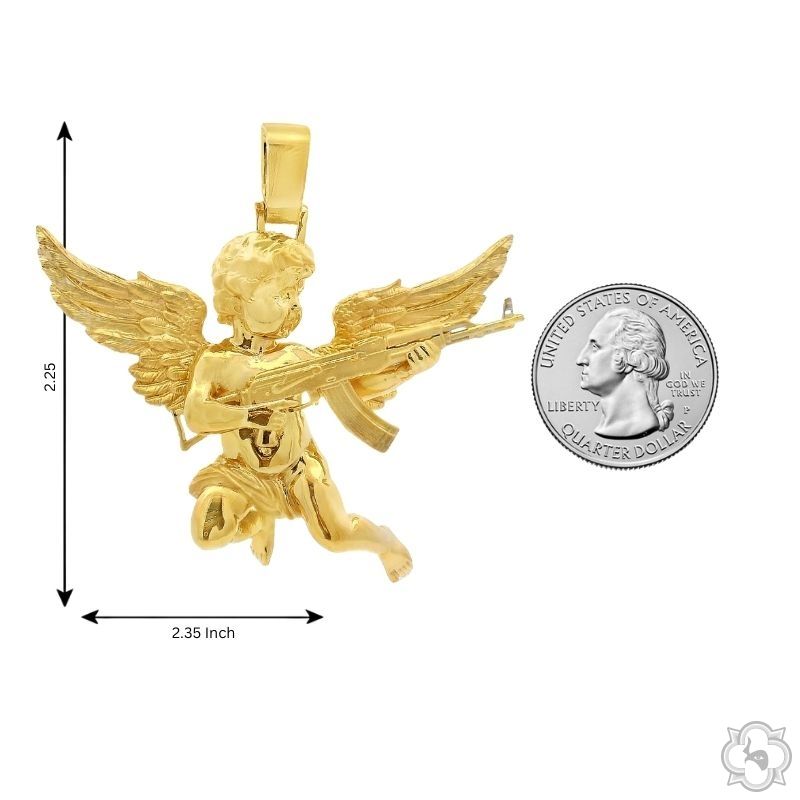 14K Gold Baby Angel With Ak Gun Pendant - Large, photo 7 of 7
