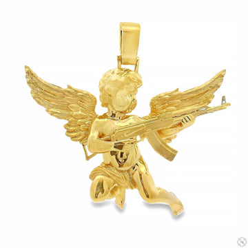 Gold pendant of a baby angel holding an AK gun with detailed wings.