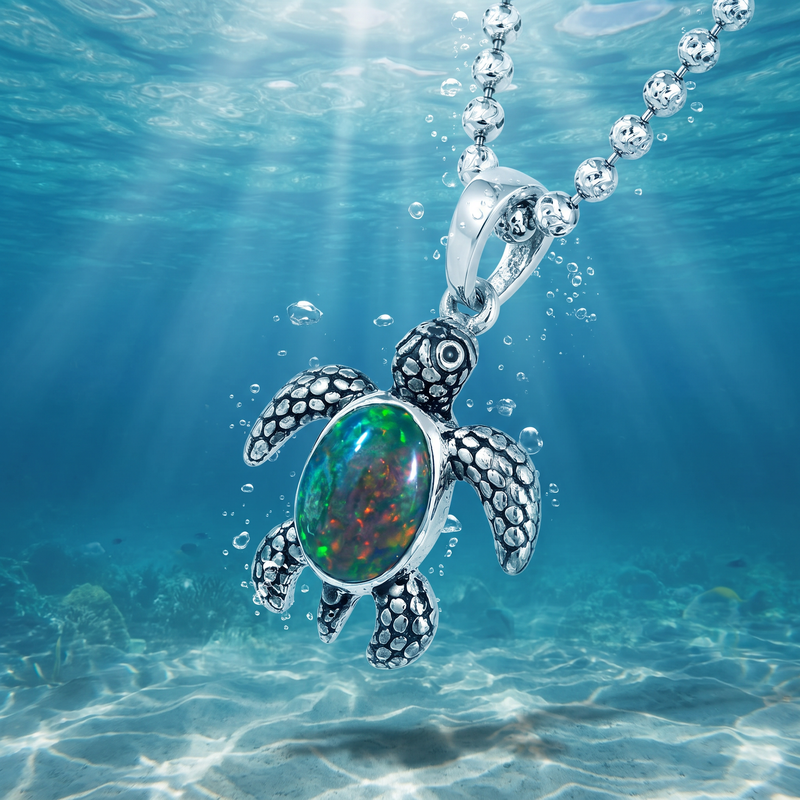 Baby Turtle Opal shell  Pendant & Moon cut Chain Set 71779