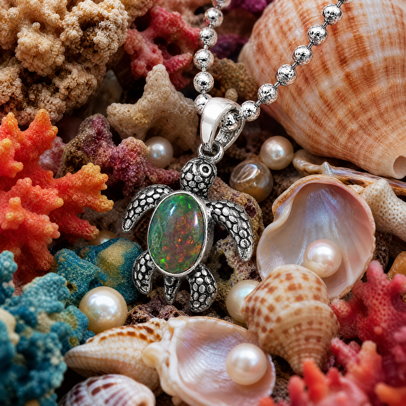 Baby Turtle Opal shell  Pendant & Moon cut Chain Set 71779