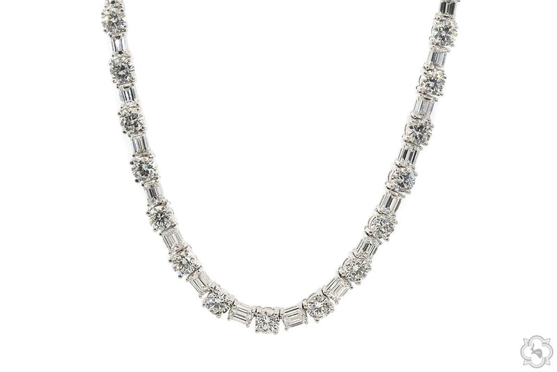 Baguette and round diamond alternating tennis chain necklace, close-up of link pattern