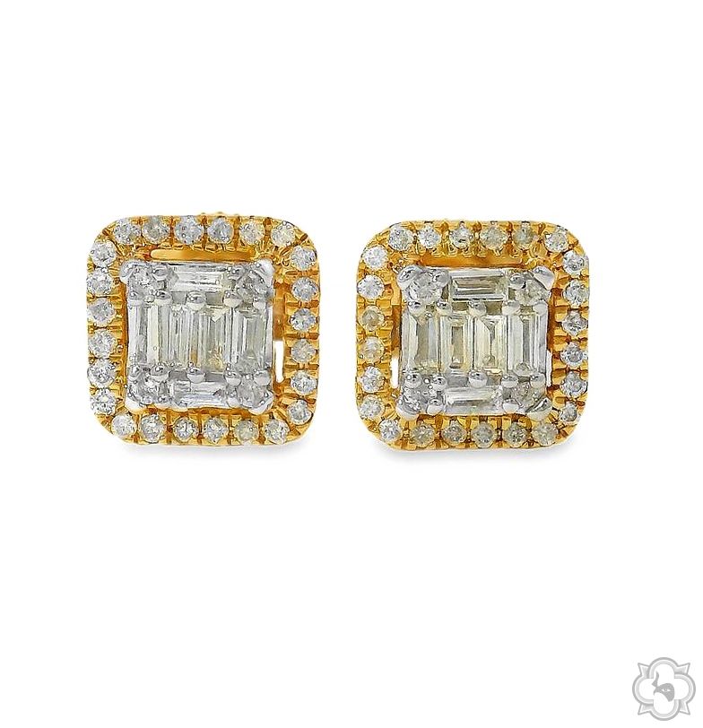 Square yellow gold earrings with central baguette diamonds and surrounding round diamonds