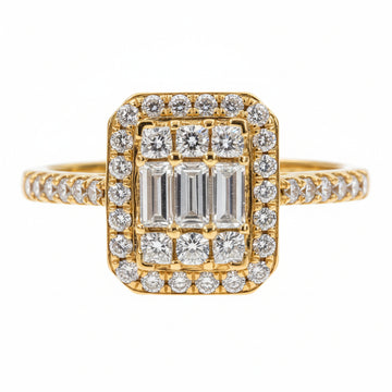 Yellow gold baguette diamond engagement ring with halo and pave band detailing.