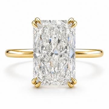 Radiant cut 9 carat lab grown diamond engagement ring with hidden halo and double claw prongs in 14K gold