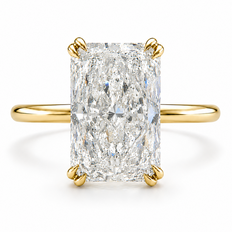 Radiant cut 9 carat lab grown diamond engagement ring with hidden halo and double claw prongs in 14K gold
