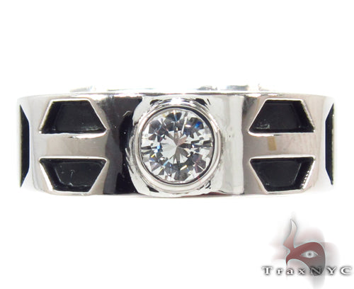 Silver bezel men's pinky ring with round diamond and black geometric enamel accents