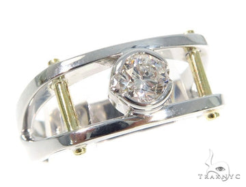 Two-tone gold men's wedding ring with bezel-set round diamonds and open bar design
