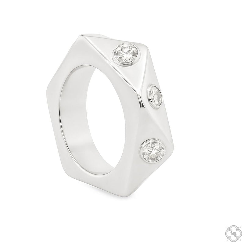 Silver men's bezel eternity ring with round diamonds set evenly around band