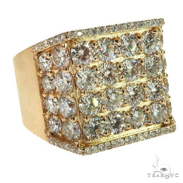 Yellow gold men's ring with multiple round diamonds in a pave square setting.