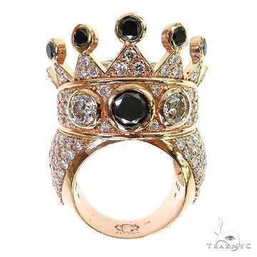 Rose gold crown ring with black and clear diamonds, ornate men's custom design.