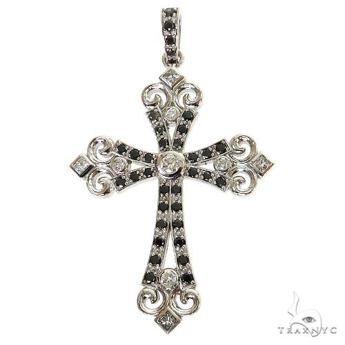 White gold cross pendant with black diamonds and intricate filigree detailing
