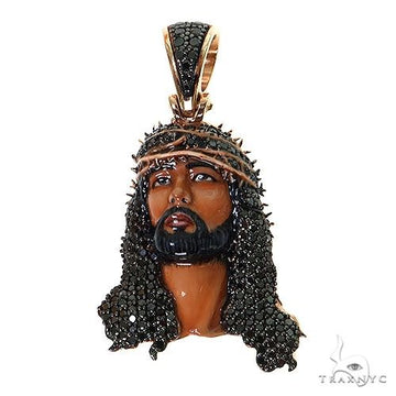 Black diamond Jesus pendant with crown of thorns and detailed black beard in rose gold setting.