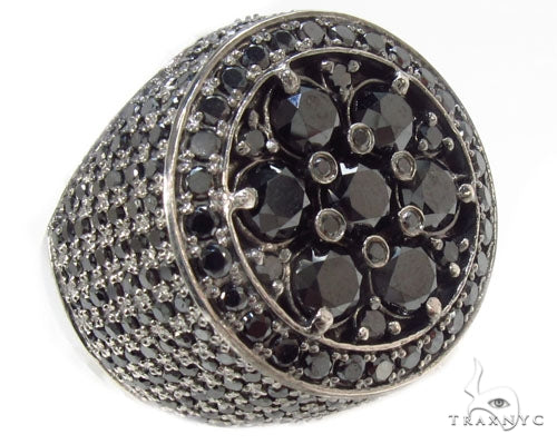 Men's silver ring with clustered black diamonds in detailed pave settings