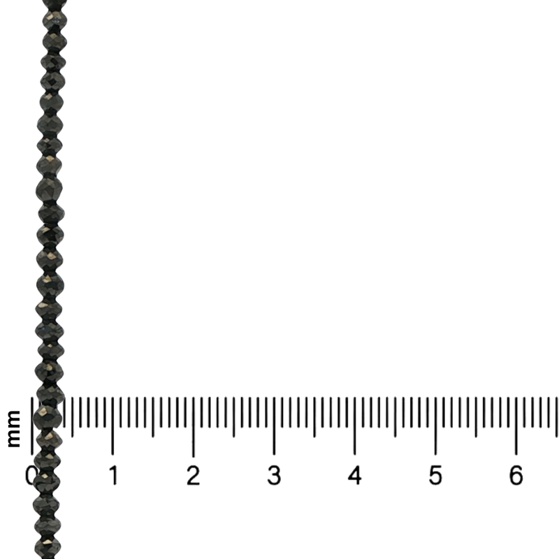 Black diamond bead bracelet with faceted round beads, shown next to ruler for size reference.