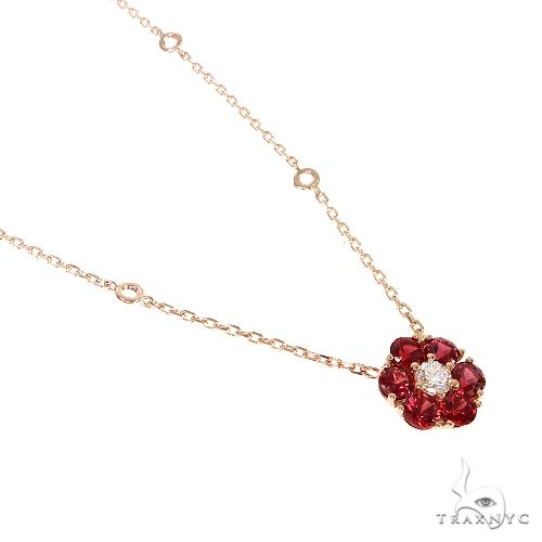 14K Gold Blood Red Sapphire Diamond Flower Necklace, photo 2 of 6