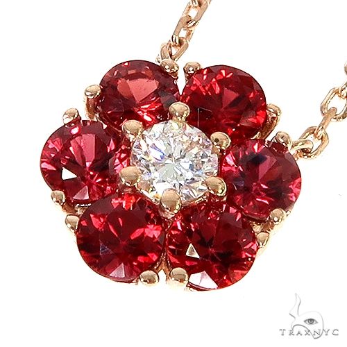 14K Gold Blood Red Sapphire Diamond Flower Necklace, photo 3 of 6