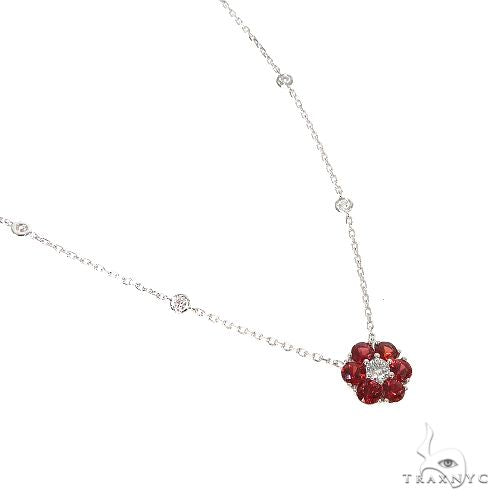 14K Gold Blood Red Sapphire Diamond Flower Necklace, photo 2 of 6