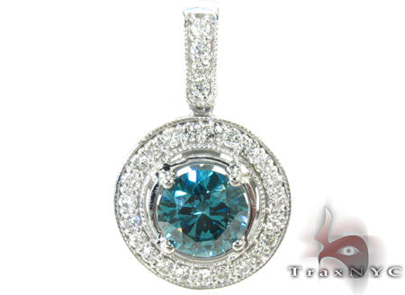 Blue diamond pendant in 18k white gold – round-cut stones, front view