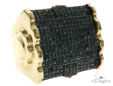 Mens blue diamond ring in 14k yellow gold with prong setting – front three-quarter view