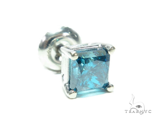 Square blue diamond single stud earring set in white metal with four-prong setting