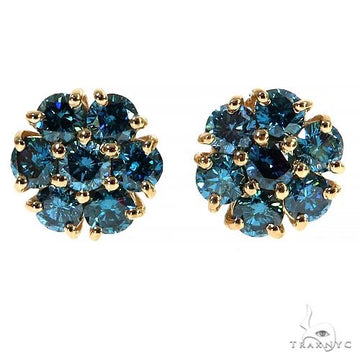 Blue diamond cluster flower earrings with yellow gold prong setting, round gemstones.