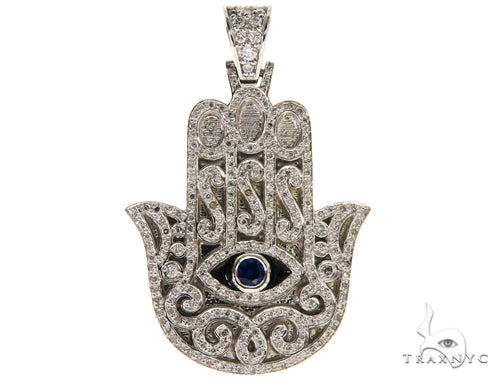 Blue Sapphire Prong Diamond Hamsa Hand Pendant 57223 - Image 1