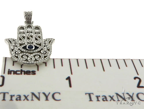 14K Gold Blue Sapphire Prong Diamond Hamsa Hand Pendant, photo 6 of 7