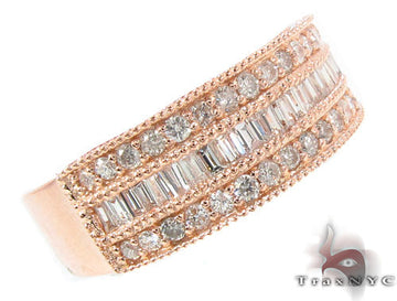 Rose gold men's engagement ring with three rows of round and baguette diamonds