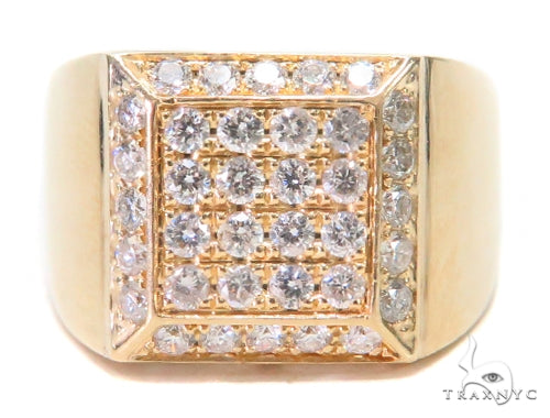 Yellow gold men's diamond ring with square cluster of round prong-set diamonds
