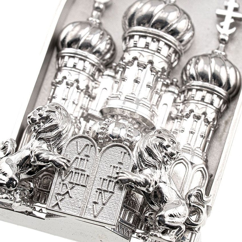 Large silver Cathedral of Light pendant with detailed domes and arch design.