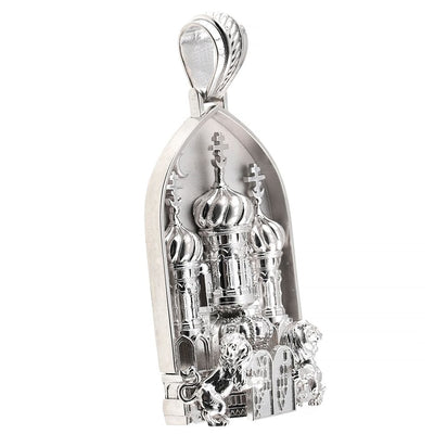 Cathedral of Light pendant in sterling silver, front view showing the arched frame, onion domes and cross finials.
