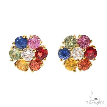Large round cluster earrings with multicolored gemstones set in yellow gold.