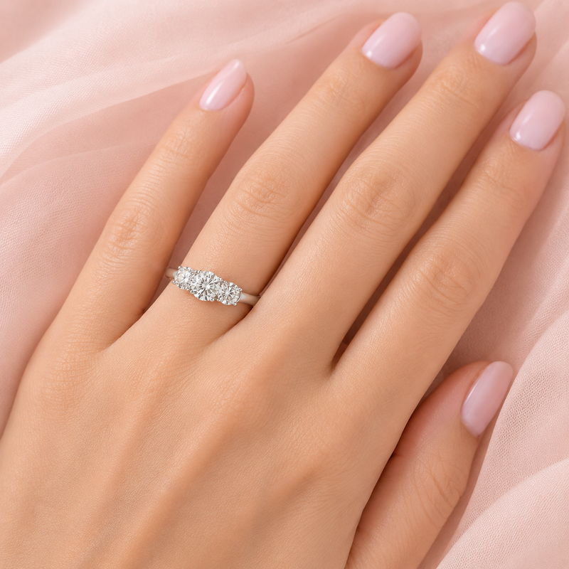 1 carat total weight natural diamond three-stone engagement ring in 14K gold with round brilliant diamonds