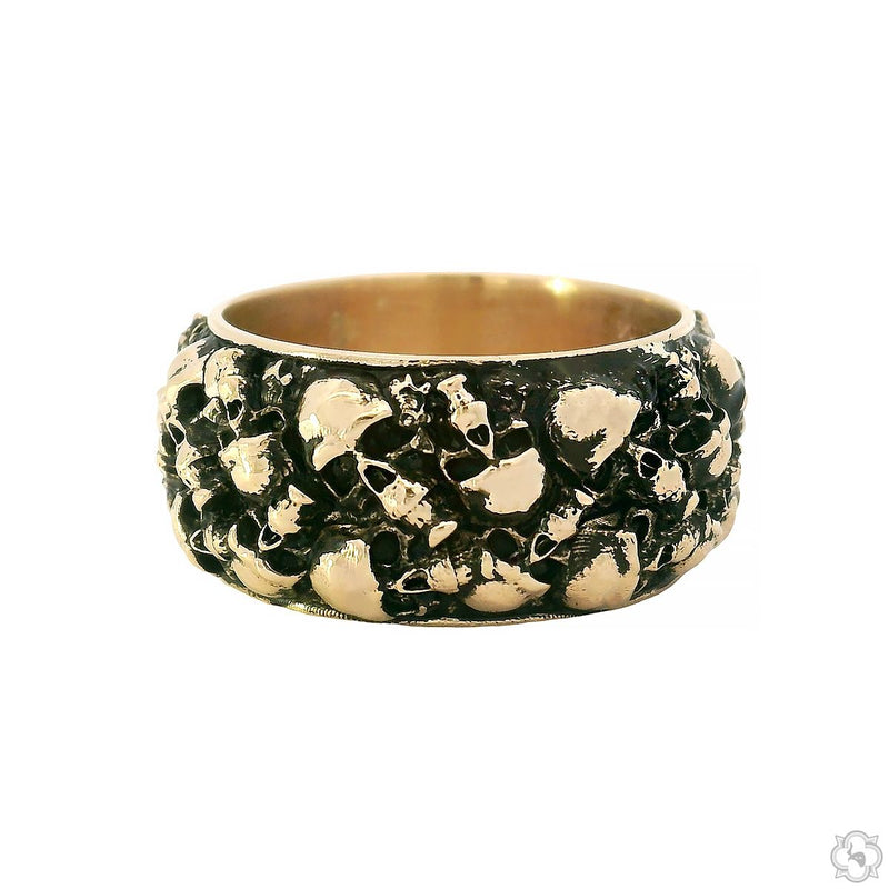 Men's band ring in metal – all-over carved miniature skull mosaic, full circumference textured profile