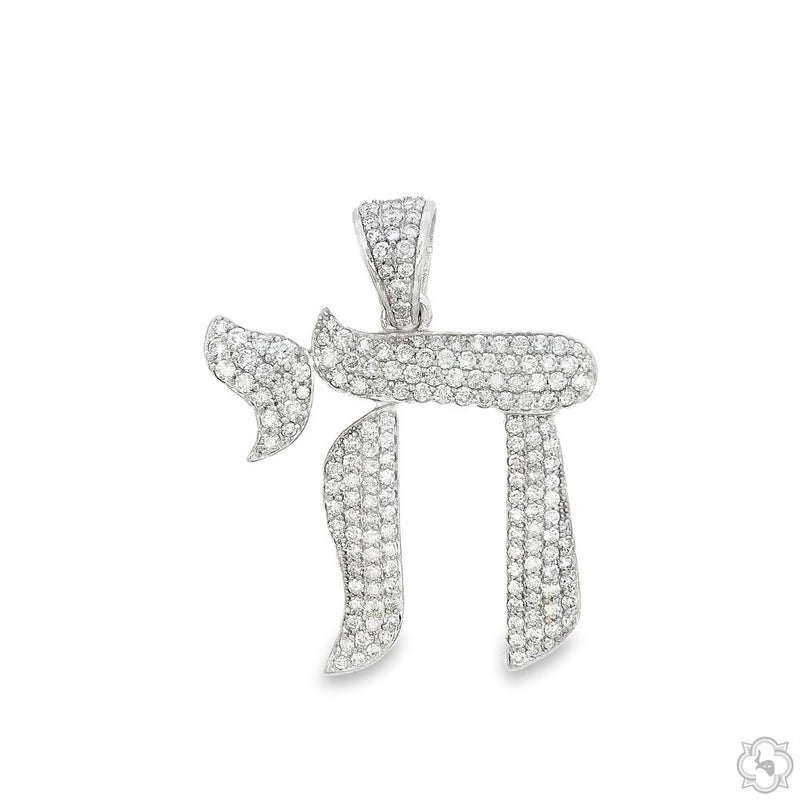 14K white gold Chai pendant covered in round prong-set diamonds