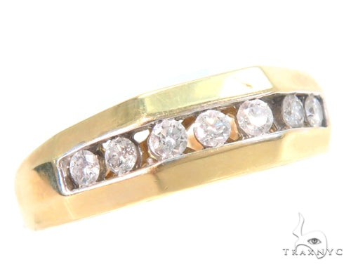 Men's 14k yellow gold channel diamond band, front view showing round diamonds set flush across the top