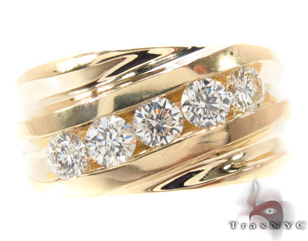 Yellow gold men's ring with channel-set round diamonds in a wide band design