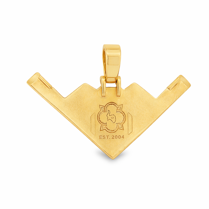 14k gold B-2 bomber pendant with engraved design and polished finish.