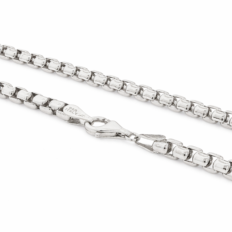 Sterling silver heavy round box chain with lobster clasp and smooth links.