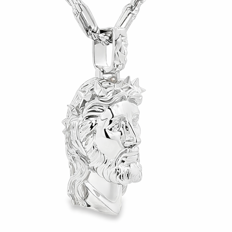 Sterling silver Jesus head pendant with spiked crown on 26-inch Milano rope chain.