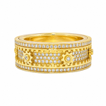 Yellow gold men's spinner ring with diamonds and intricate gear-like design accents.