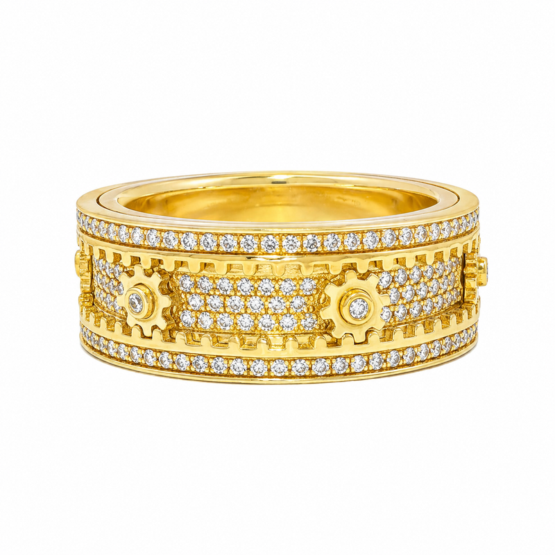 Yellow gold men's spinner ring with diamonds and intricate gear-like design accents.