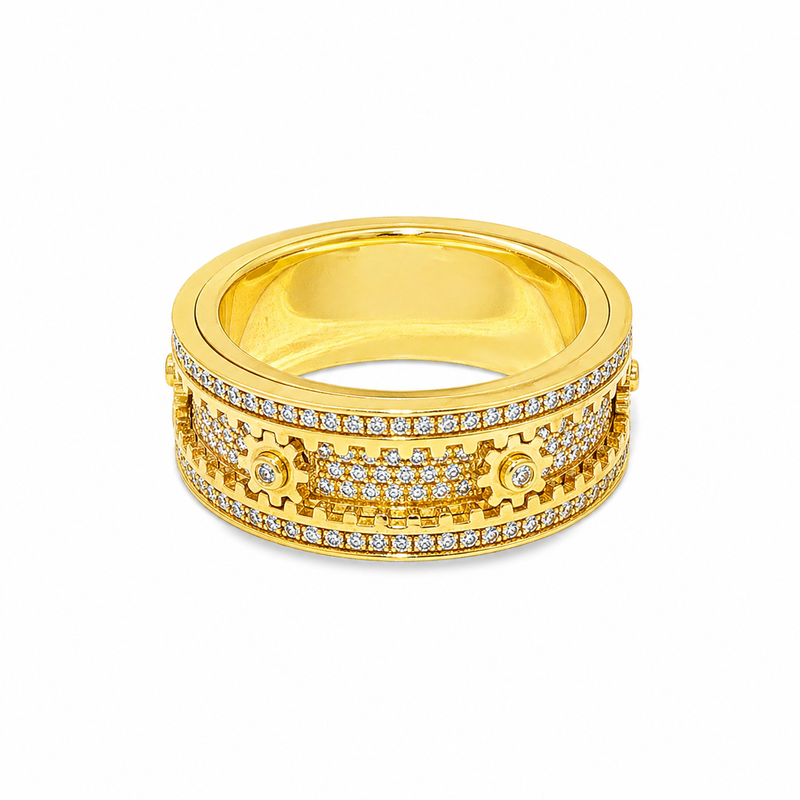 Yellow gold men’s spinner ring with diamonds and mechanical gear design detailing.