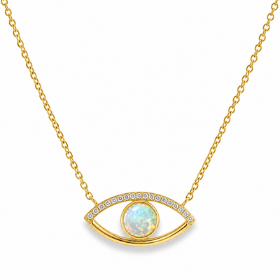 Evil eye necklace with natural opal center and natural diamond accents