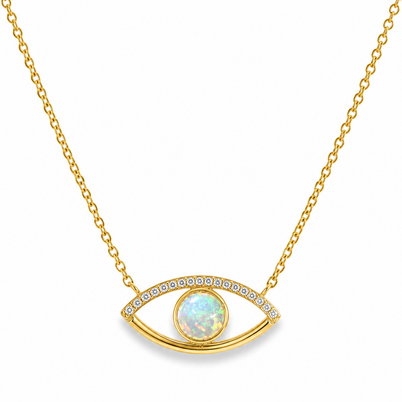 Evil eye necklace with natural opal center and natural diamond accents