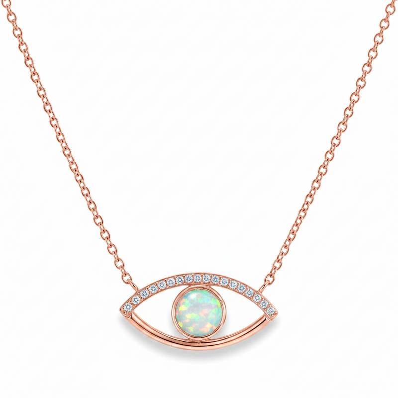 Evil eye necklace with natural opal center and natural diamond accents