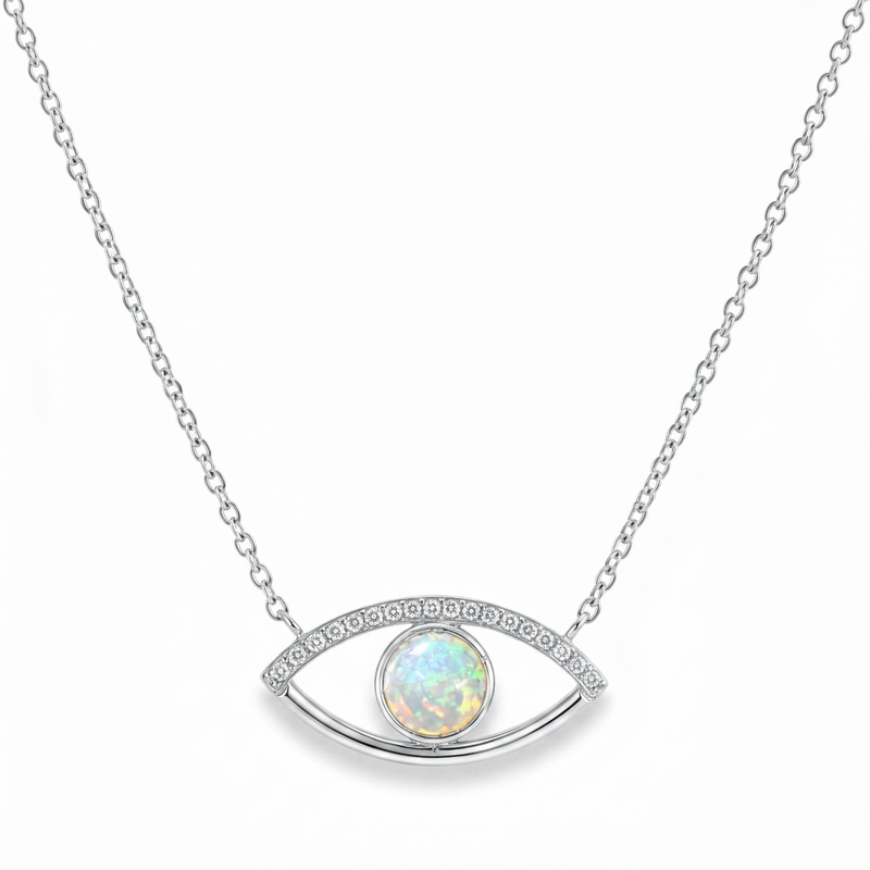 Evil eye necklace with natural opal center and natural diamond accents