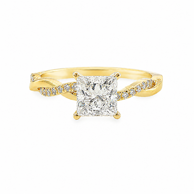 Yellow gold engagement ring with princess cut diamond center and twisted diamond-accented band.