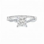 White gold engagement ring with a princess cut diamond center and pavé band accents.